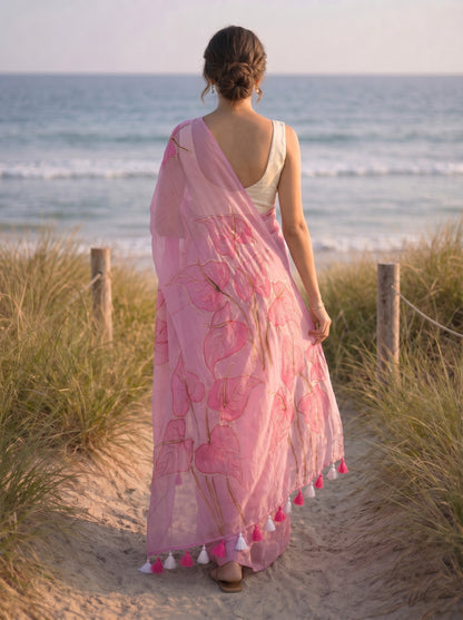 Anthuria- Blush Pink Handpainted Mulmul Saree