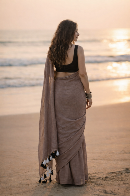 Toasted Almond - Plain Brown Mul Cotton Saree