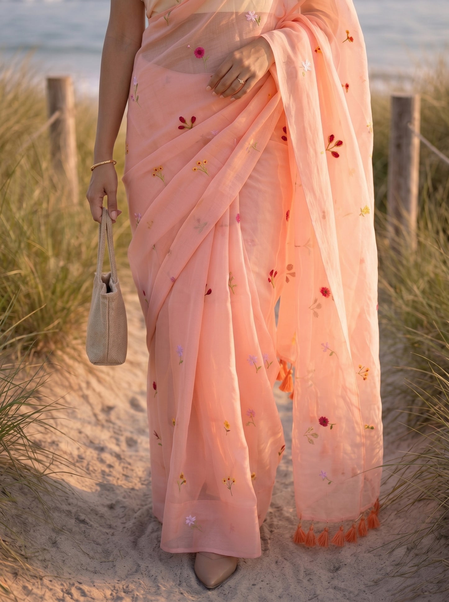 Gardenalia Peach - Embroidered Pure Mulmul Cotton Saree