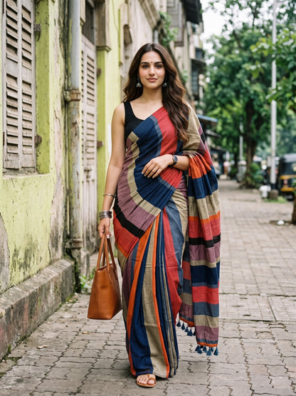 Urban Tide multicolour colourblock acrylic cotton saree from MAYIN India