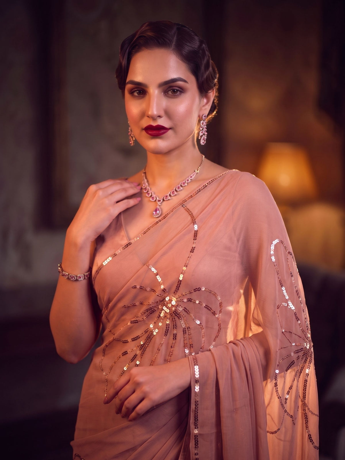 Leading Lady - Dusty Pink Sequin Pure Chiffon Partywear Saree