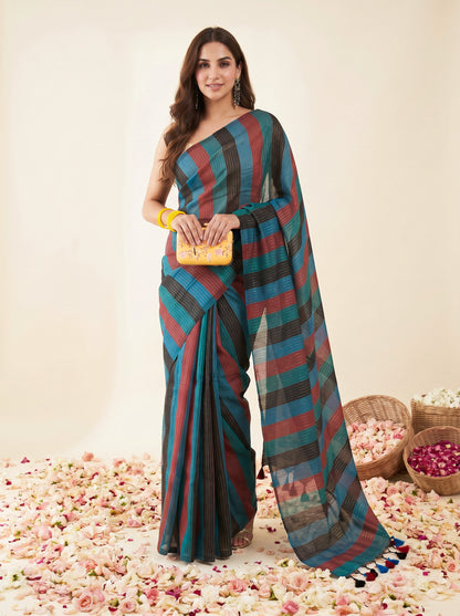 Siyaahi - Multicolour Striped Mul Cotton Zari Saree
