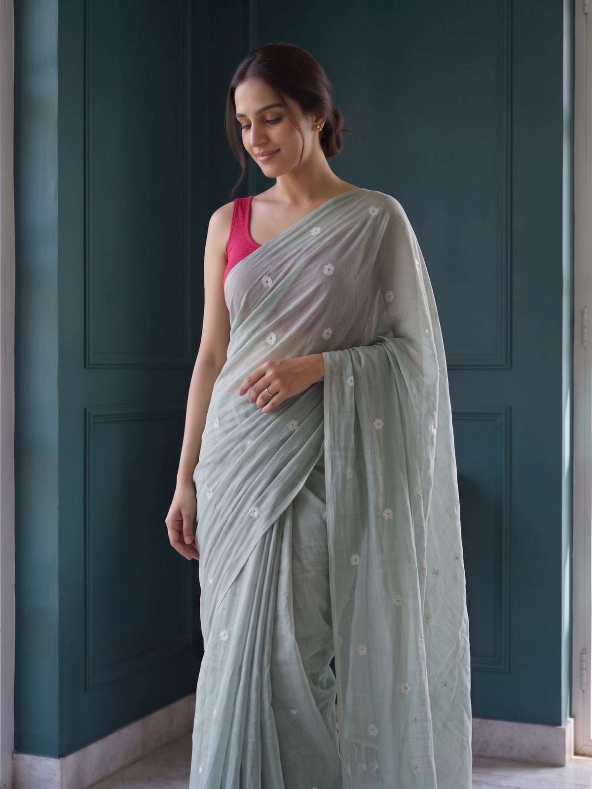 Sage - Green Floral Original Dhakai Jamdani Saree