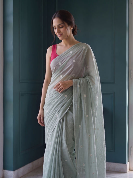 Sage - Green Floral Original Dhakai Jamdani Saree