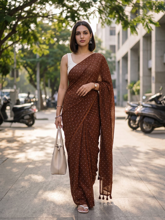 Dot Theory - Chocolate Brown Polka Dot Modal Cotton Saree