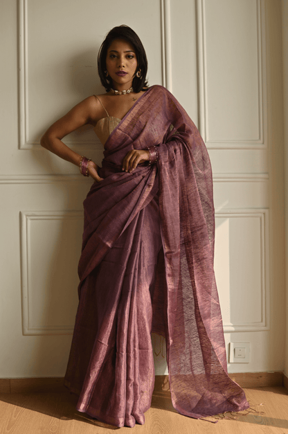 Aubergine Handloom Linen Tissue Saree