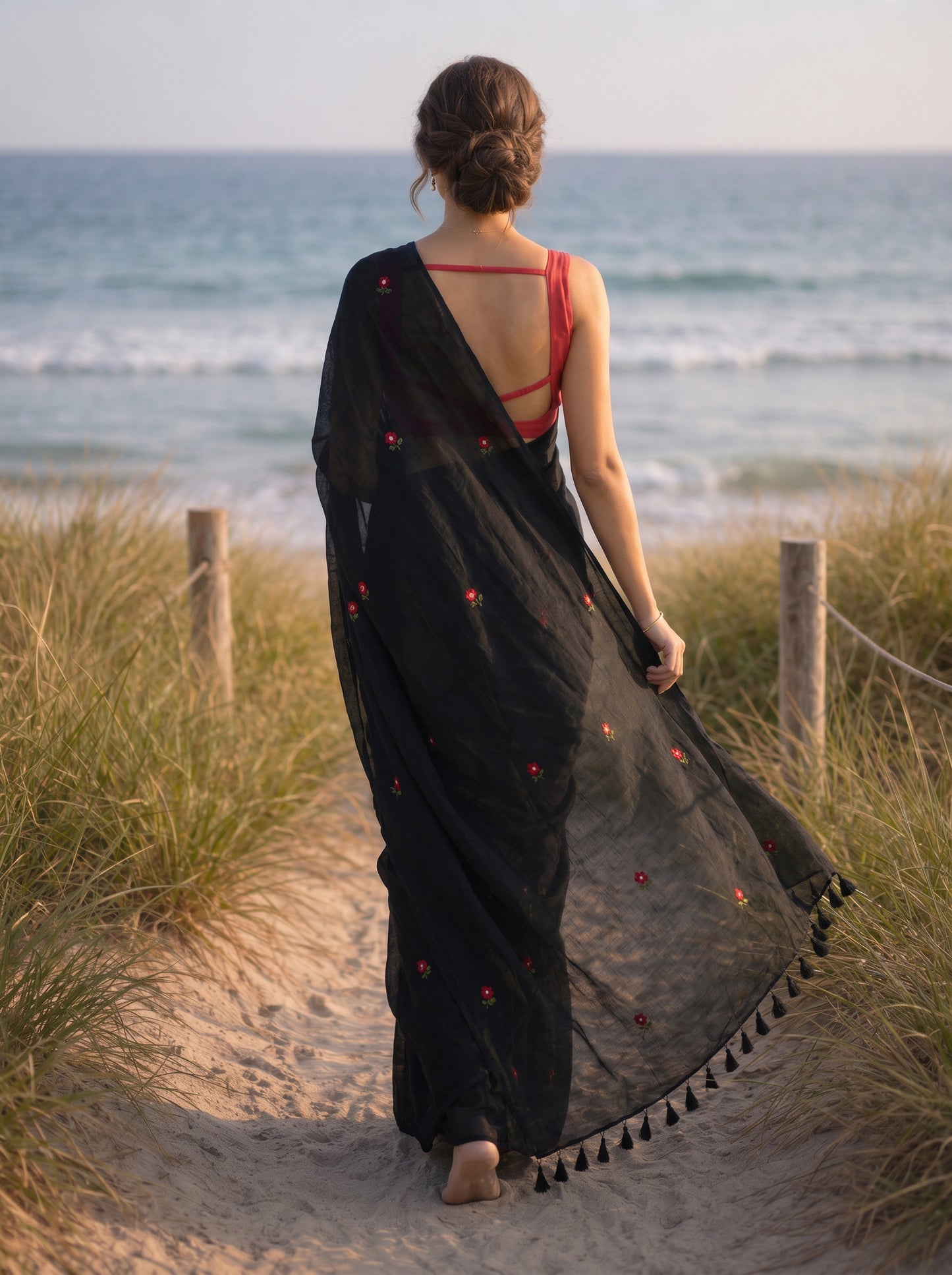Periwinkle - Handembroidered Black Mulmul Cotton Saree