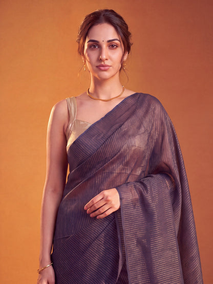 Magic At Midnight - Blue Striped Mul Cotton Zari Saree