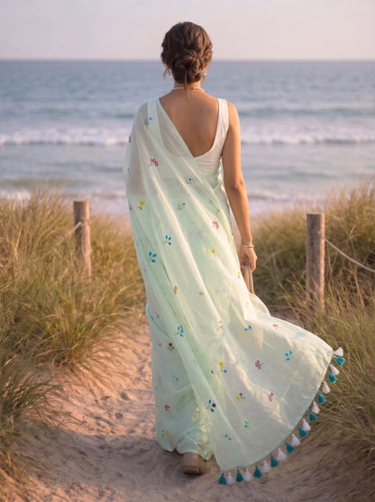 Gardenalia Mint - Embroidered Mulmul Cotton Saree
