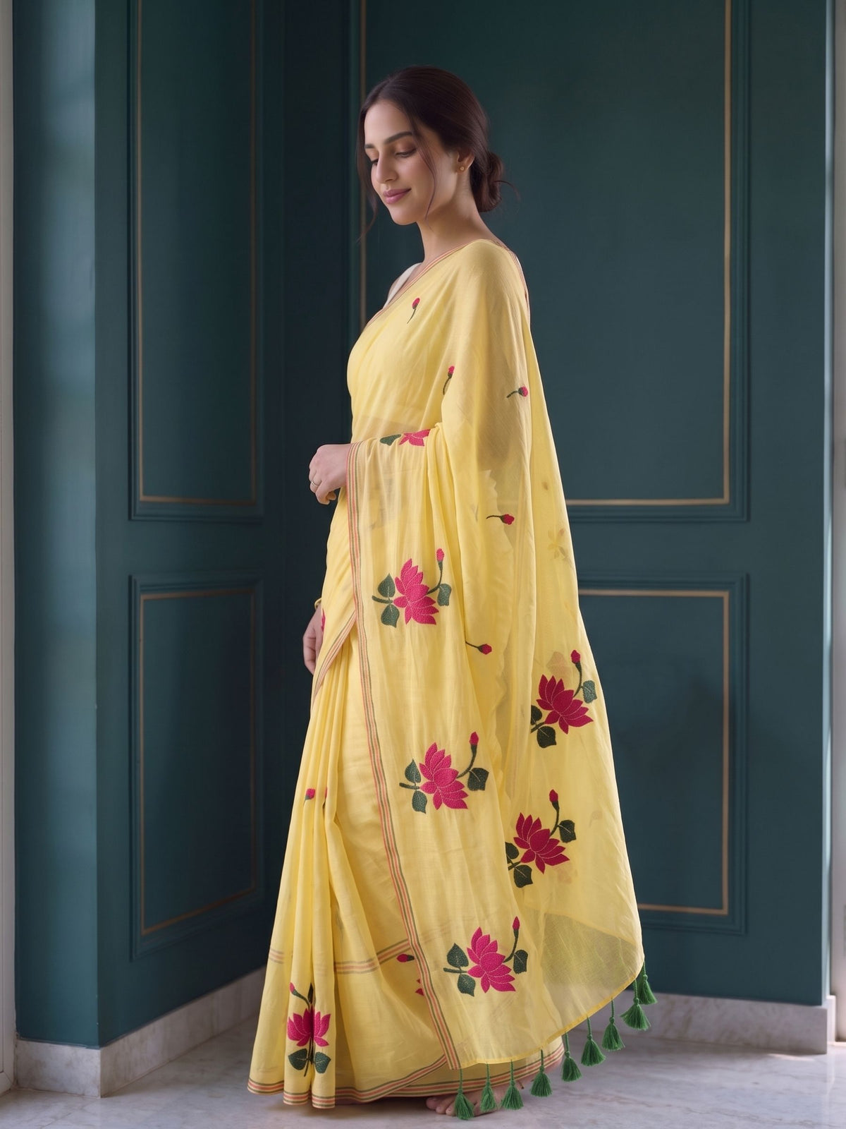 Sunkissed - Lemon Yellow Lotus Mul Cotton Saree
