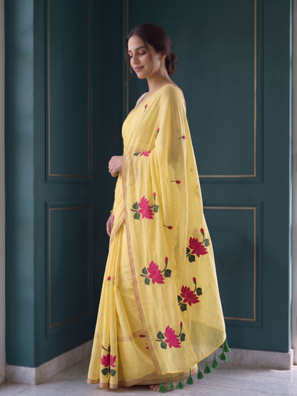 Sunkissed - Lemon Yellow Lotus Mul Cotton Saree