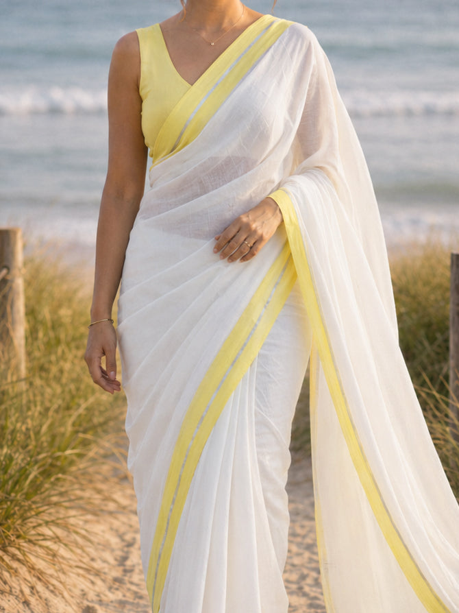 Bright Side - White Pure Mulmul Cotton Saree