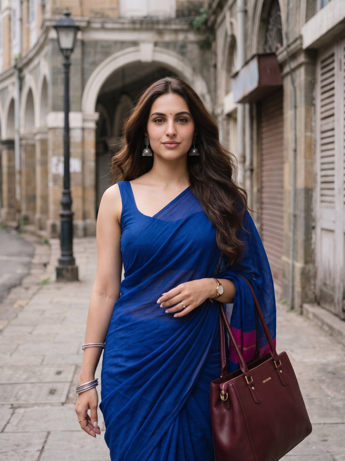 Inkstorm blue and magenta acrylic cotton saree, for office wear