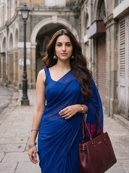 Inkstorm blue and magenta acrylic cotton saree, for office wear