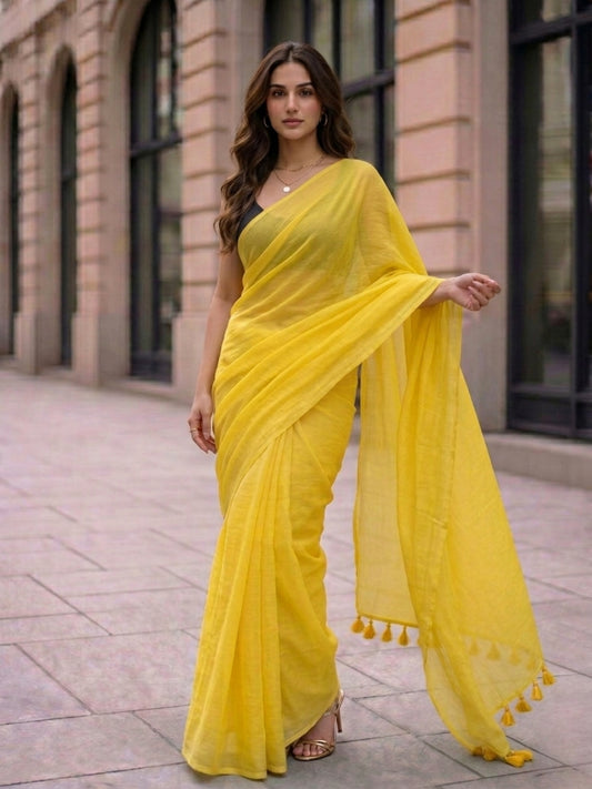 Lemonade - Plain Yellow Mul Cotton Saree