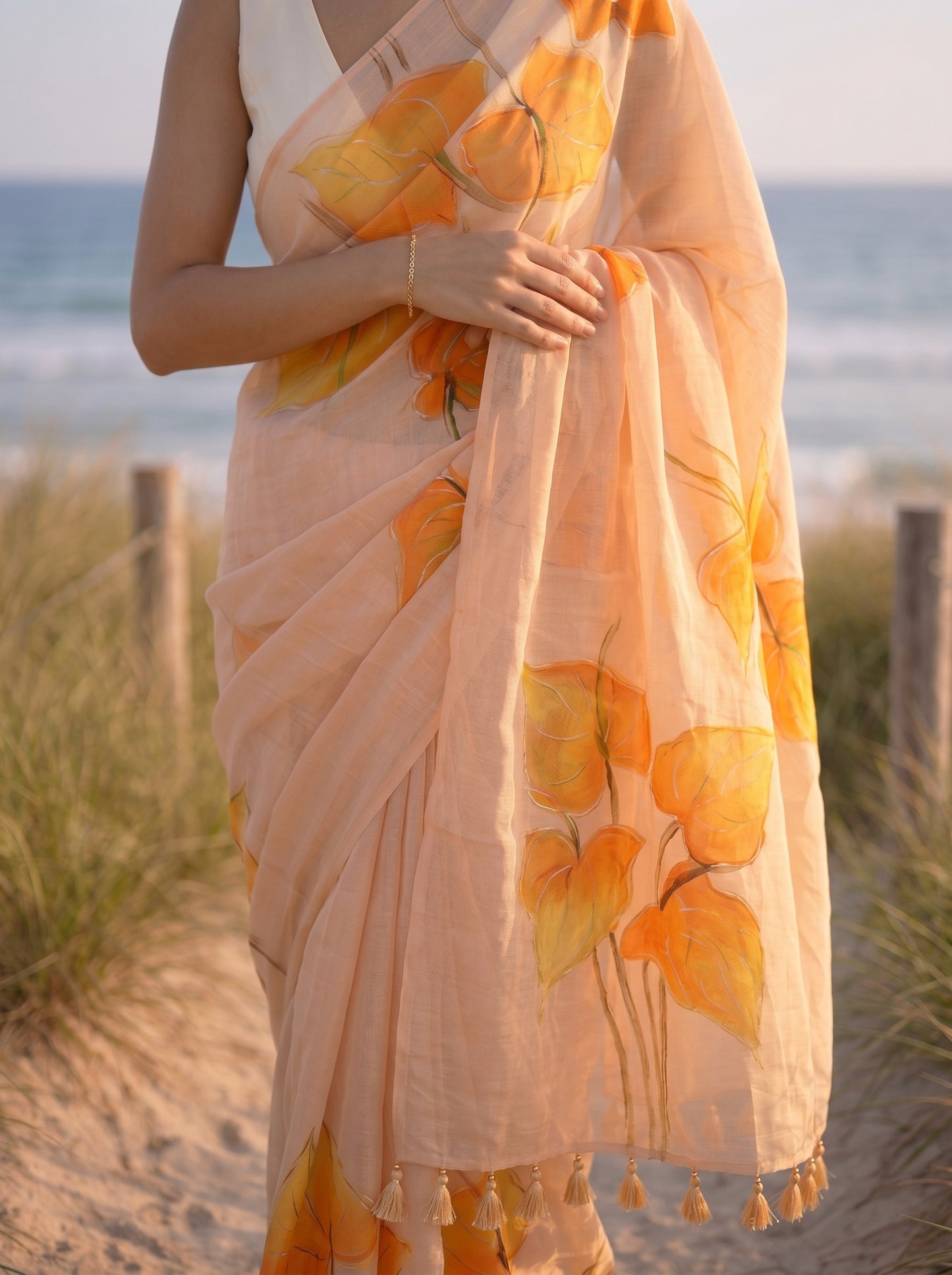 Anthuria- Beige Handpainted Mulmul Saree