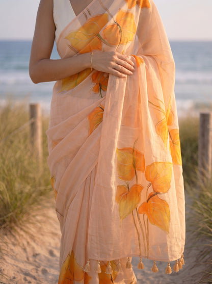 Anthuria- Beige Handpainted Mulmul Saree