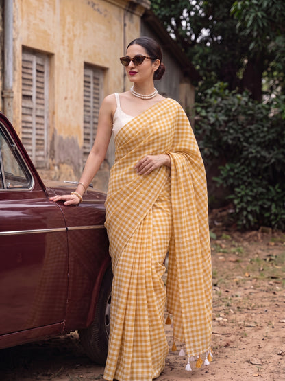 Harvest Sun - Mustard Yellow Gingham Mulmul Cotton Saree