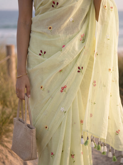 Gardenalia Pista - Embroidered Pure Mulmul Cotton Saree