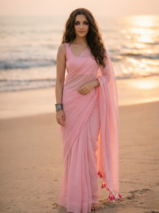 Fairy Tale - Plain Pink Mul Modal Saree