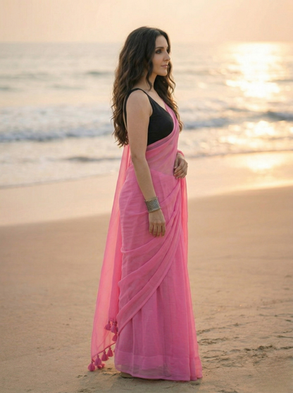 Strawberry Sorbet - Plain Hot Pink Mul Cotton Saree