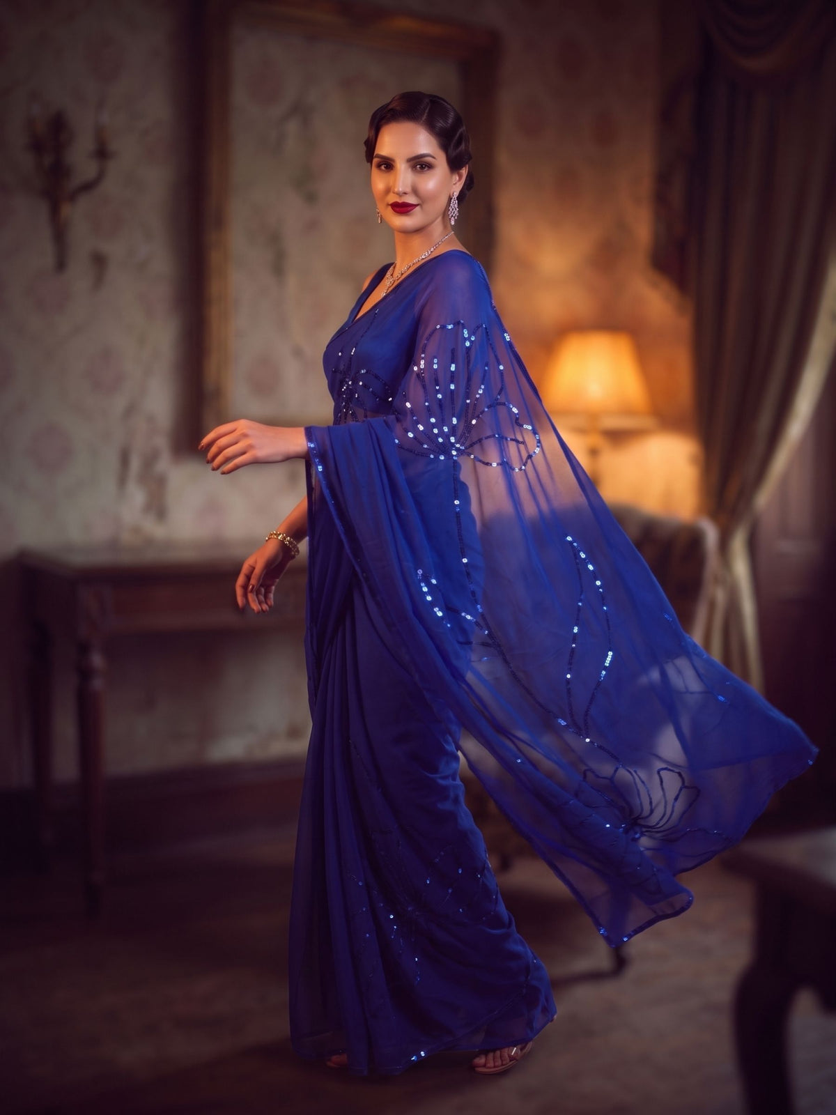 City of Stars - Royal Blue Sequin Pure Chiffon Partywear Saree