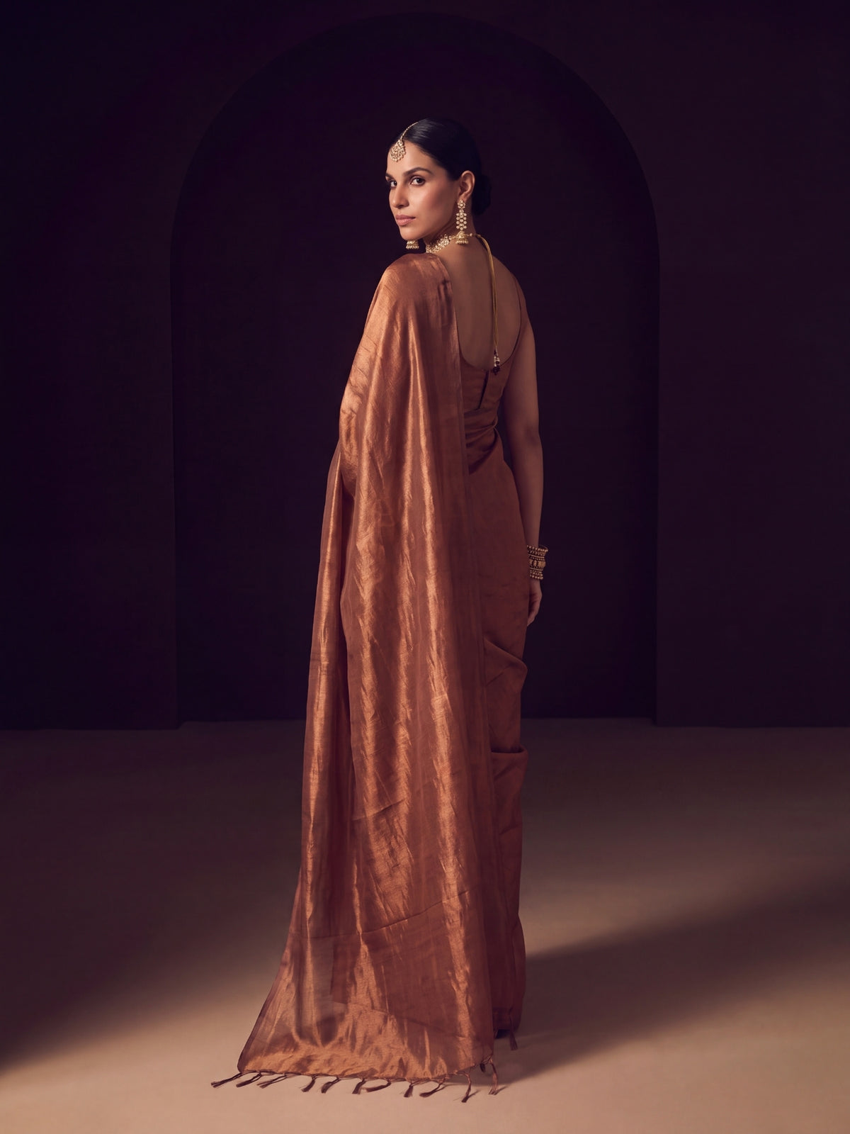 Devina plain gold tissue saree, drape detail, by MAYIN