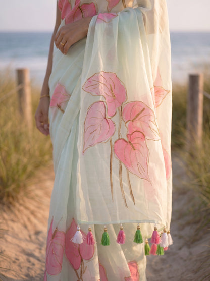 Anthuria- Mint Handpainted Mulmul Saree