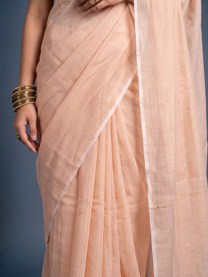 Beige - Striped Mul Cotton Zari Saree