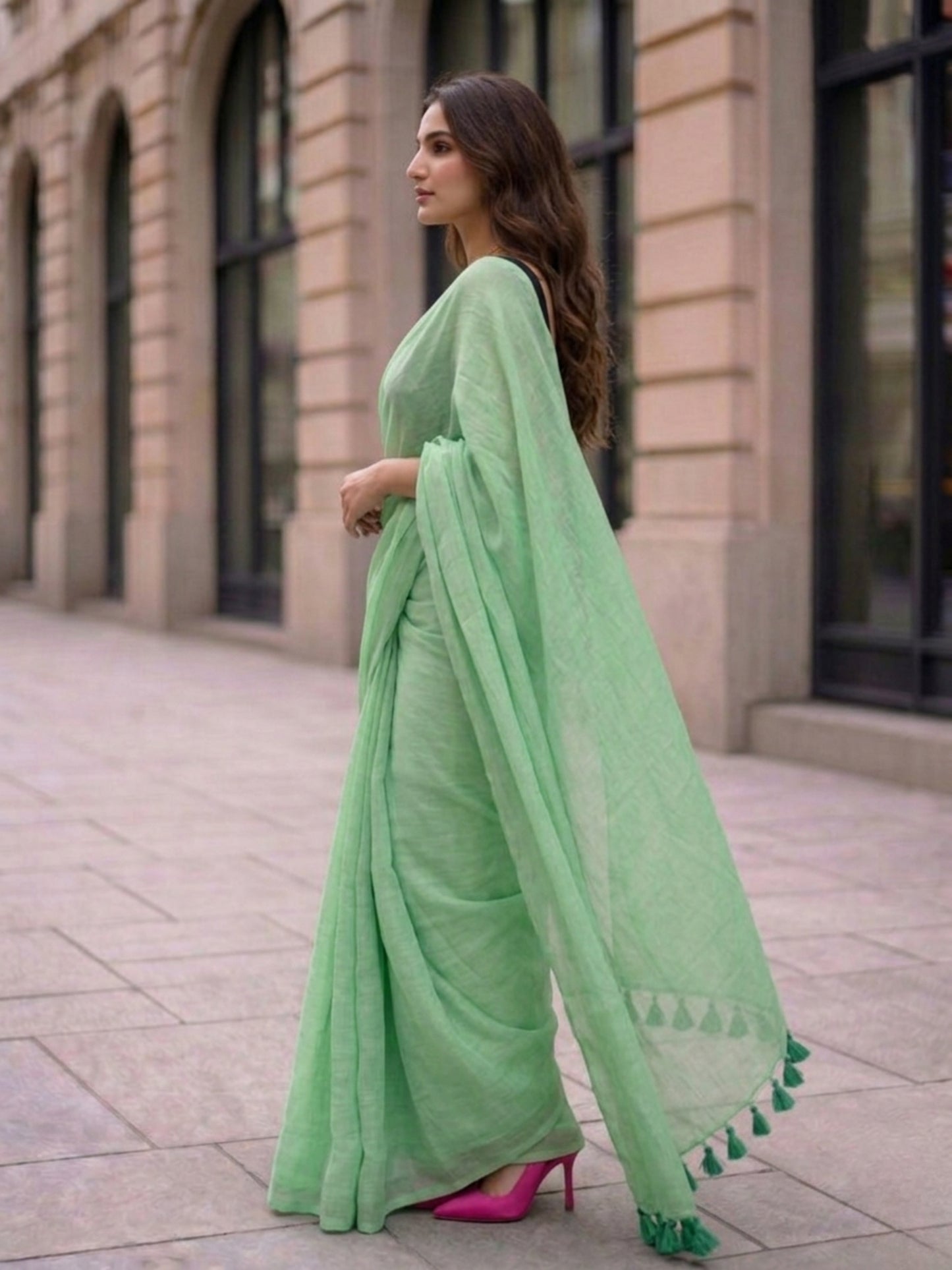 Mint Meadow - Plain Green Mul Cotton Saree