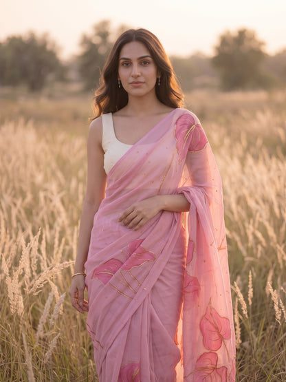 Anthuria - Blush Pink Handpainted Mulmul Cotton Saree