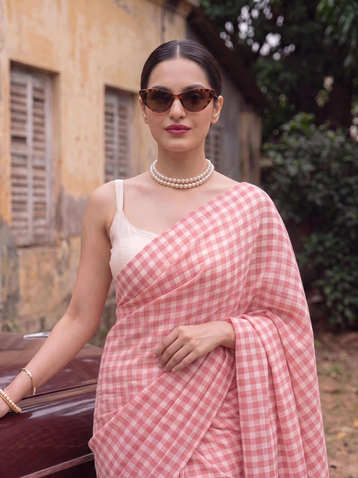 Poppy Seed - Red Gingham Mulmul Cotton Saree
