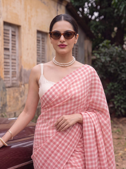 Poppy Seed - Red Gingham Mulmul Cotton Saree