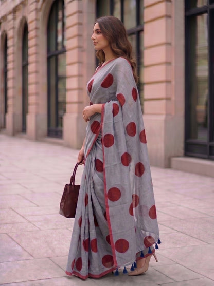 Spot On - Charcoal Polka Dot Mulmul Cotton Saree