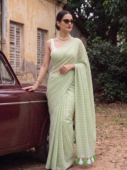Spring Fern - Pastel Green Gingham Mulmul Cotton Saree