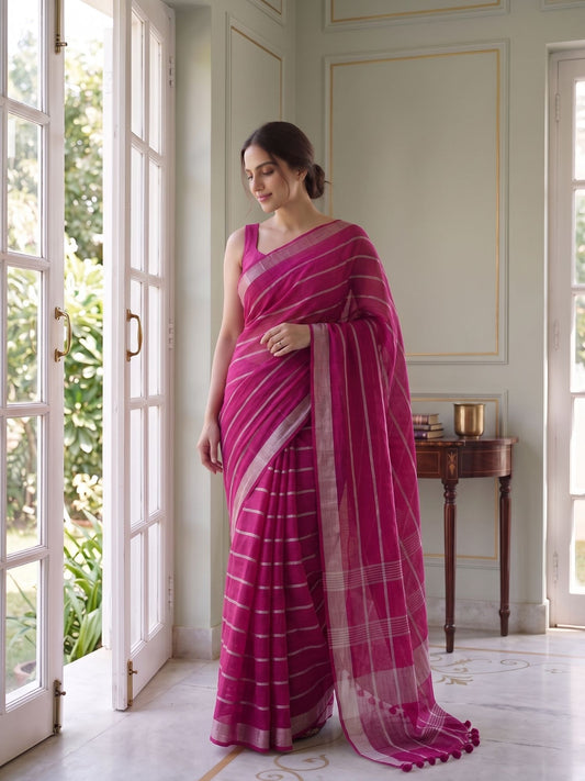 Statement - Pink Striped Pure Handloom Linen Saree with Zari Border
