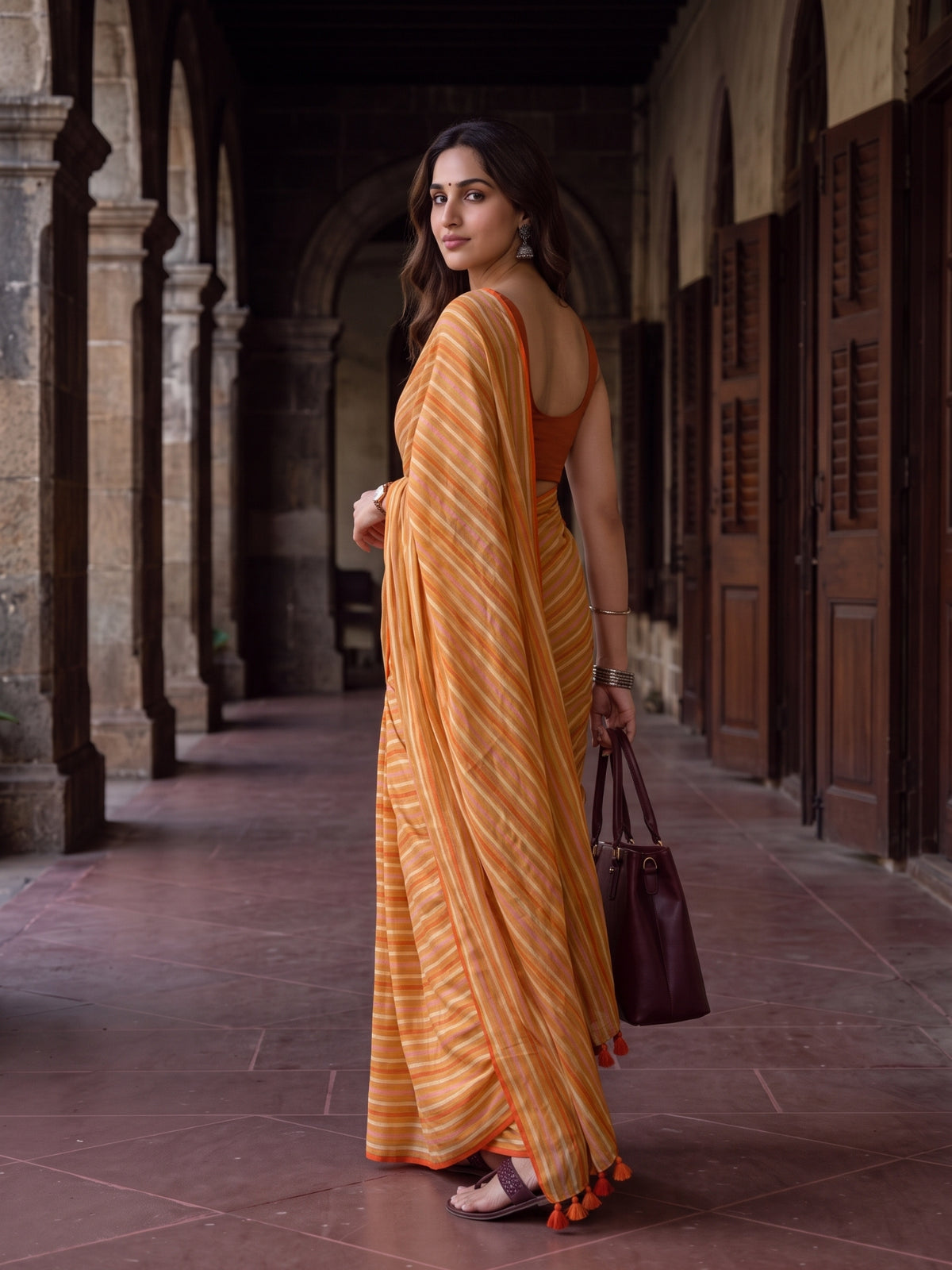 Outlook- Yellow Striped Mulmul Cotton Saree