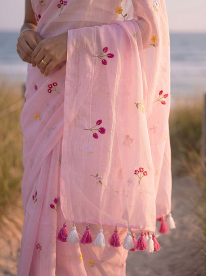 Gardenalia Pink - Embroidered Pure Mulmul Cotton Saree