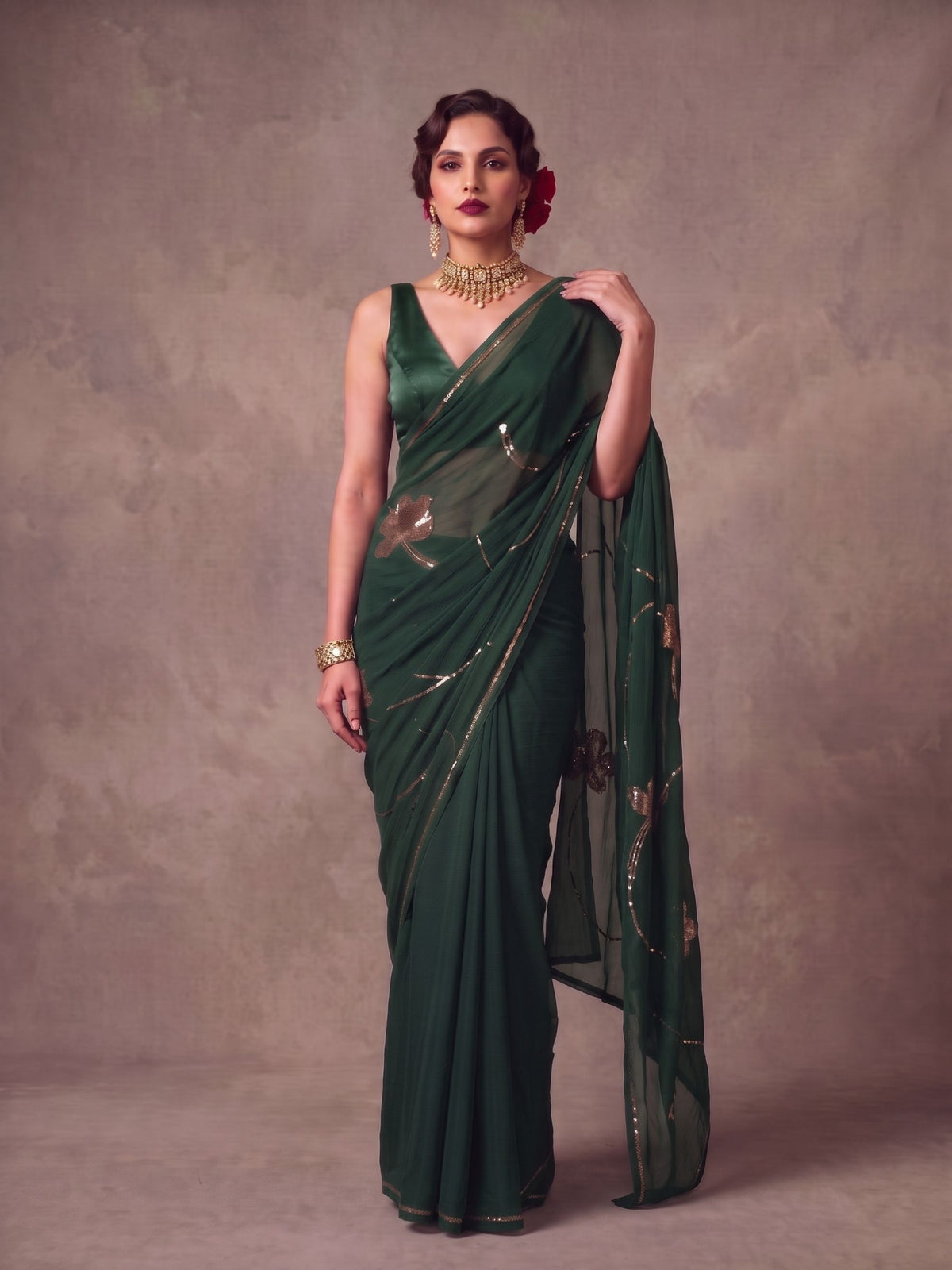 Emerald - Green Gold Sequin Pure Chiffon Partywear Saree