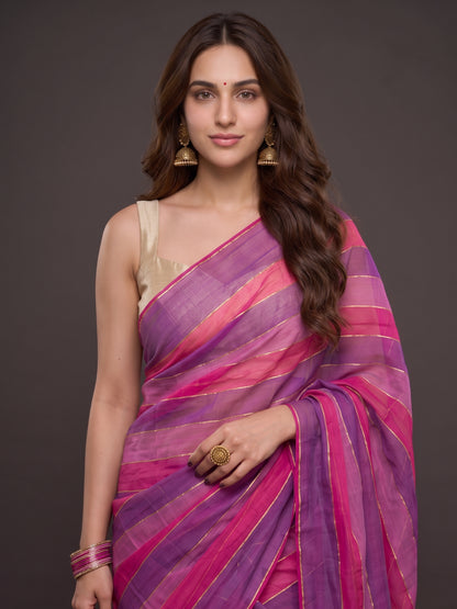 Abhira purple and pink striped mul cotton saree with zari, for festive wear