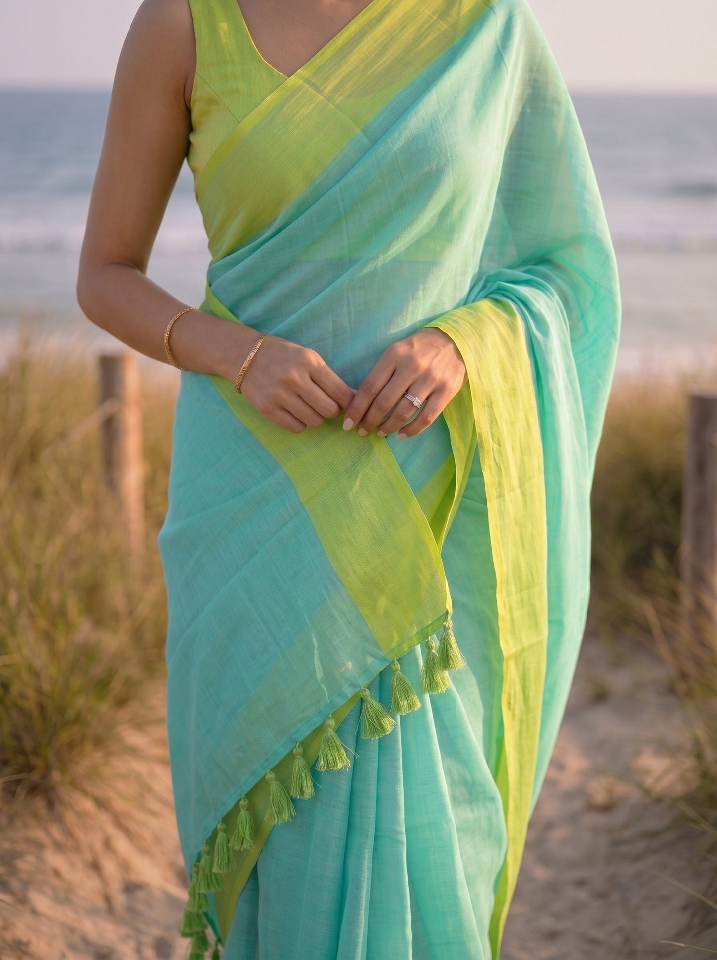 Citrus Shift - Turquoise Pure Mulmul Cotton Saree