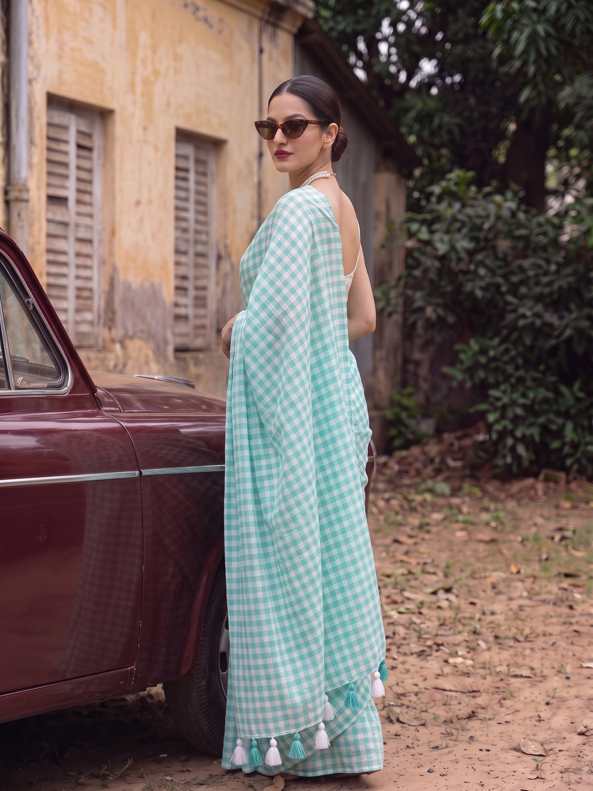 Aqua blue gingham mulmul cotton saree, Cloudless Sky by MAYIN