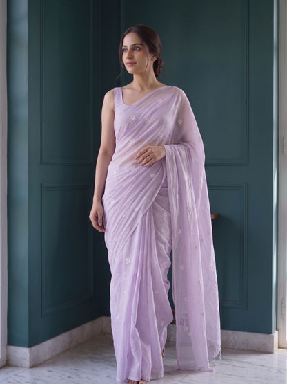 Lilac Bloom - Lavender Floral Original Dhakai Jamdani Saree
