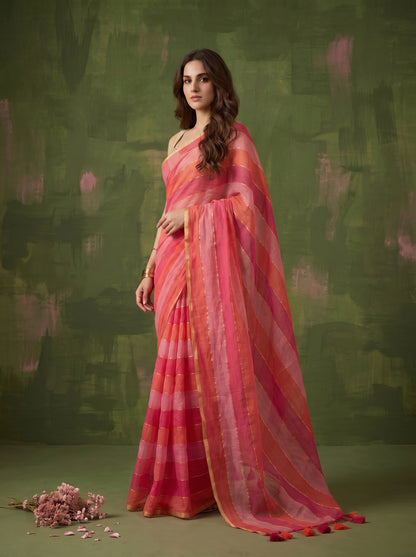 Sarini - Pink & Orange Striped Mul Cotton Zari Saree