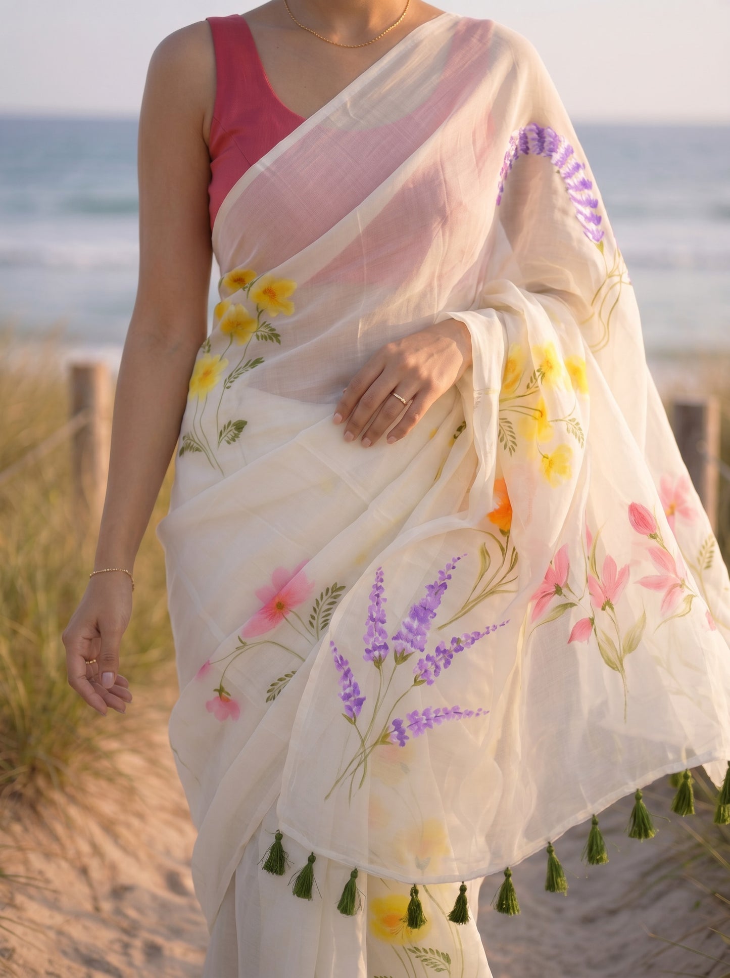 Cream Canvas- Handpainted Mulmul Saree