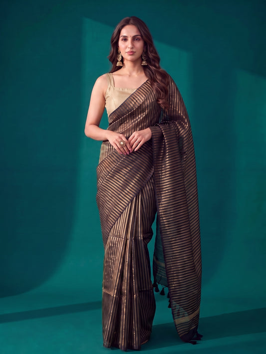 Saanjh - Black Striped Mul Cotton Zari Saree
