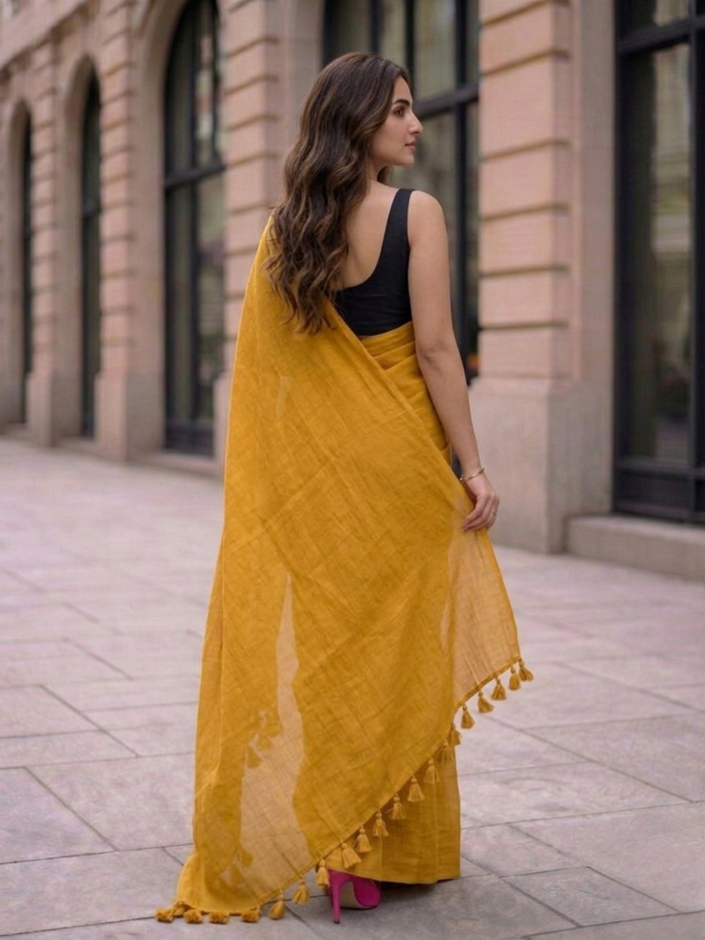 Amber - Plain Yellow Mul Modal Saree