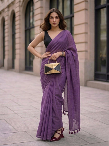 Twilight Bloom - Plain Deep Violet Mul Cotton Saree