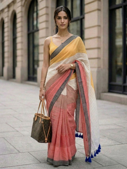 Tokyo - Multicolour Striped Mulmul Cotton Saree