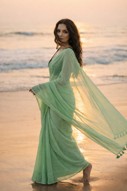 Mint Meadow - Plain Green Mul Cotton Saree